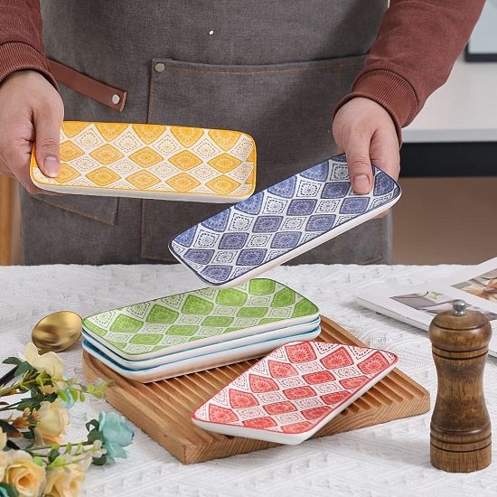 Appetizer Plate Set Dessert Plate - Small Rectangular Serving Plate for Sushi | Snacks | - Colorful Ceramic Dinnerware Set of 6 - Microwave and Dishwasher Safe - 8 Inch