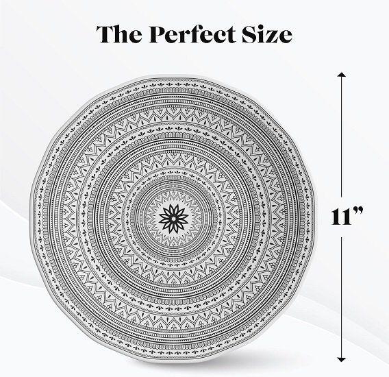 Melamine Plates, 11-Inch Lightweight and Break-Resistant Dinner Plates, Moroccan Black/White Design, Set Of 4