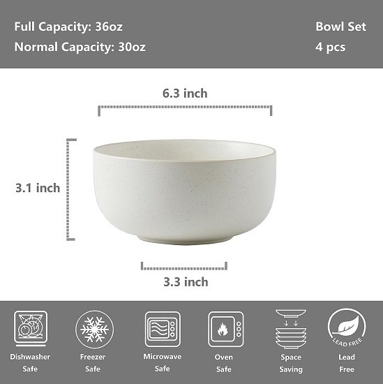 Ceramic Bowls for Kitchen, 36 Ounce, Large Capacity Cereal Bowls Set of 4, Glazed Matte Off White