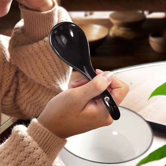 Soup Spoon, Black Ceramic Spoon Set of 6, Chinese Soup Spoon, 6.75" Ramen Spoon, Deep Oval Hook Design, Dishwasher Safe